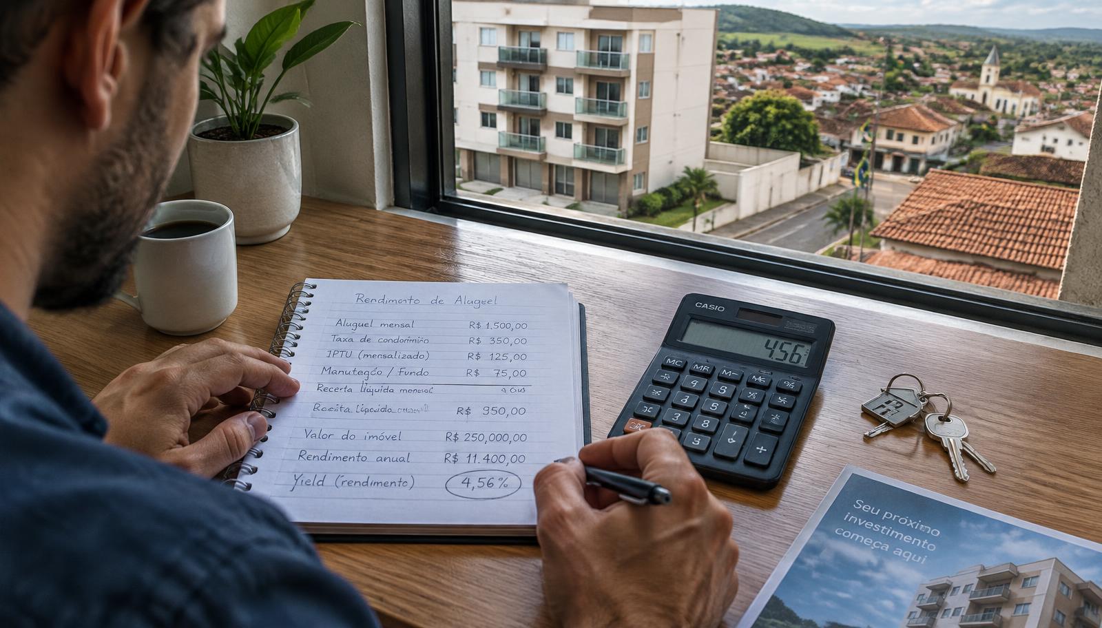 Investidor calculando a rentabilidade de um imóvel para aluguel em uma cidade pequena
