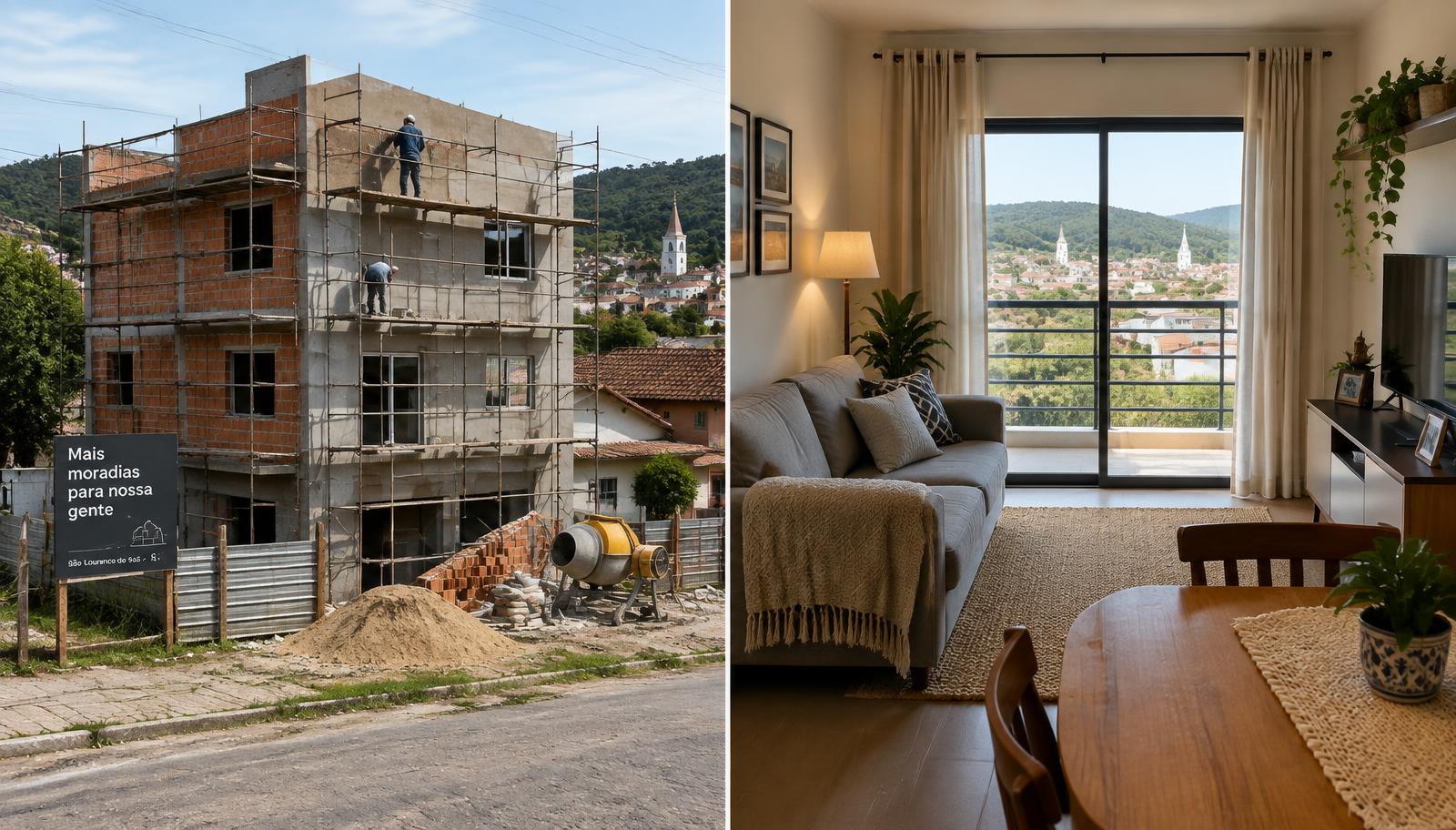 Comparação entre um prédio em construção e o interior de um apartamento pronto para morar