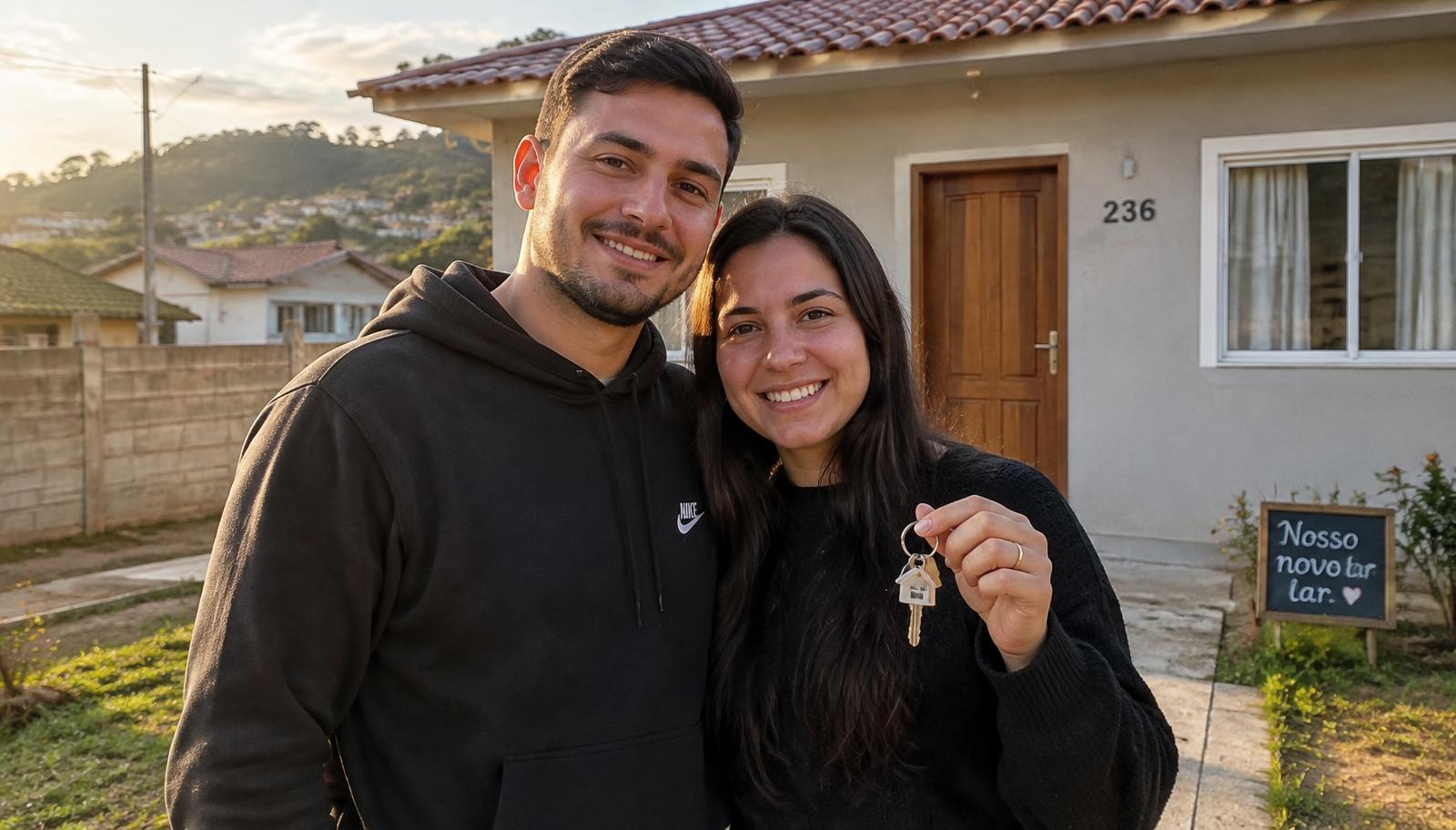 Casal recebendo as chaves do primeiro imóvel em frente à casa