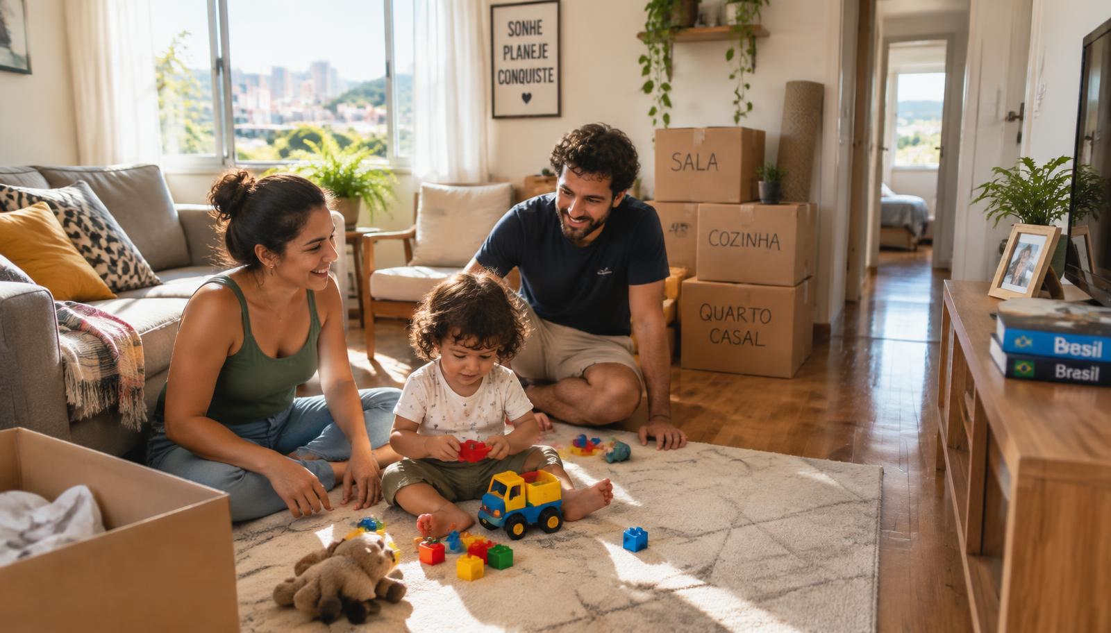 Família com um filho pequeno brincando na sala do novo imóvel entre caixas de mudança