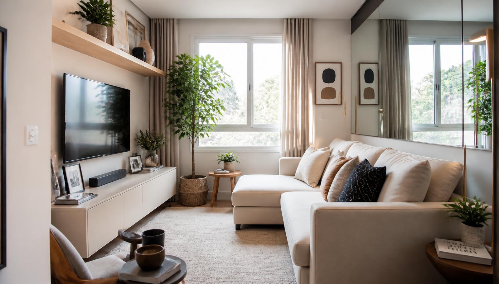 Sala de apartamento pequeno decorada com sofá claro, plantas e espelho