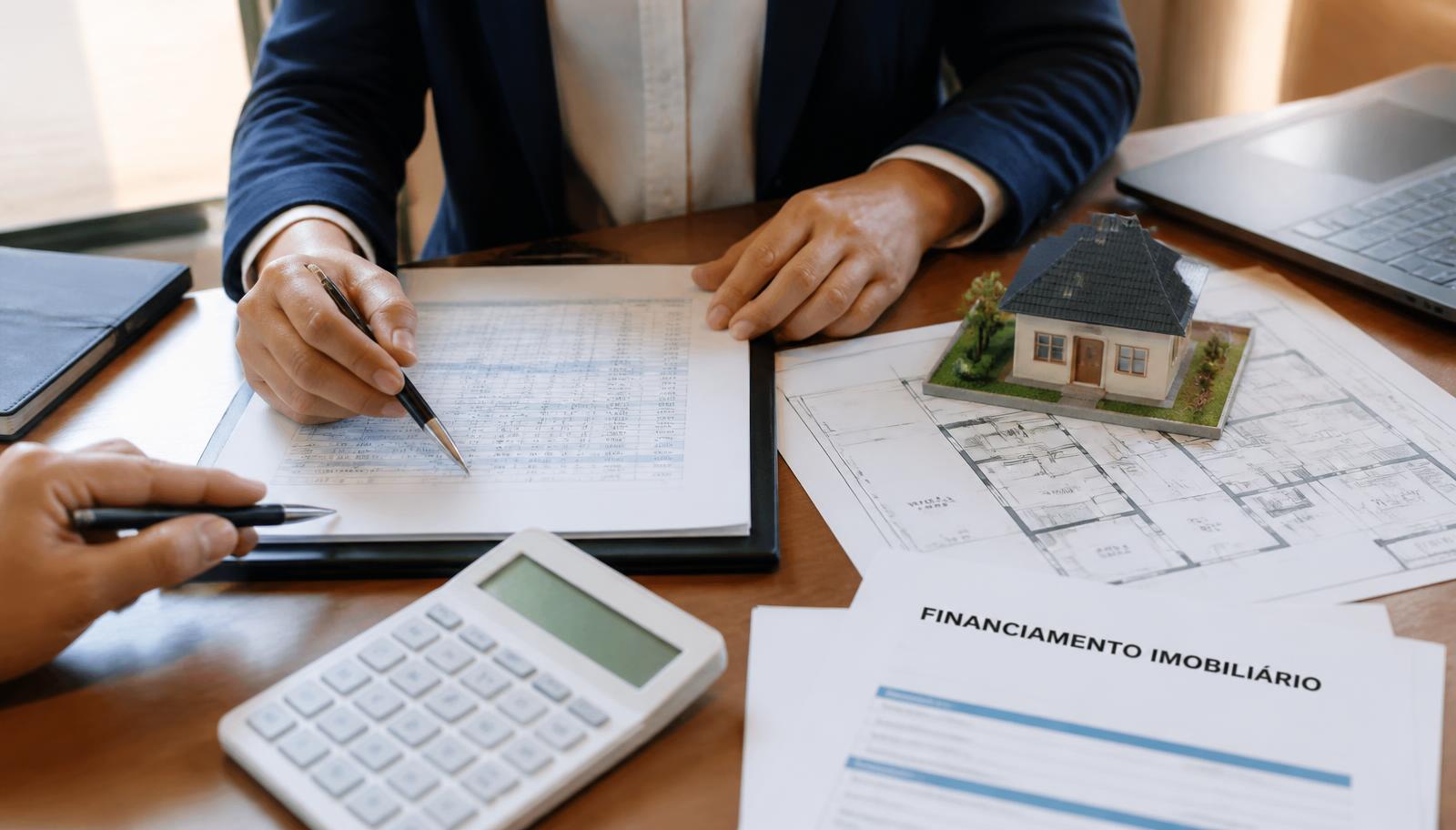 Mesa com calculadora, planta e documentos de financiamento imobiliário